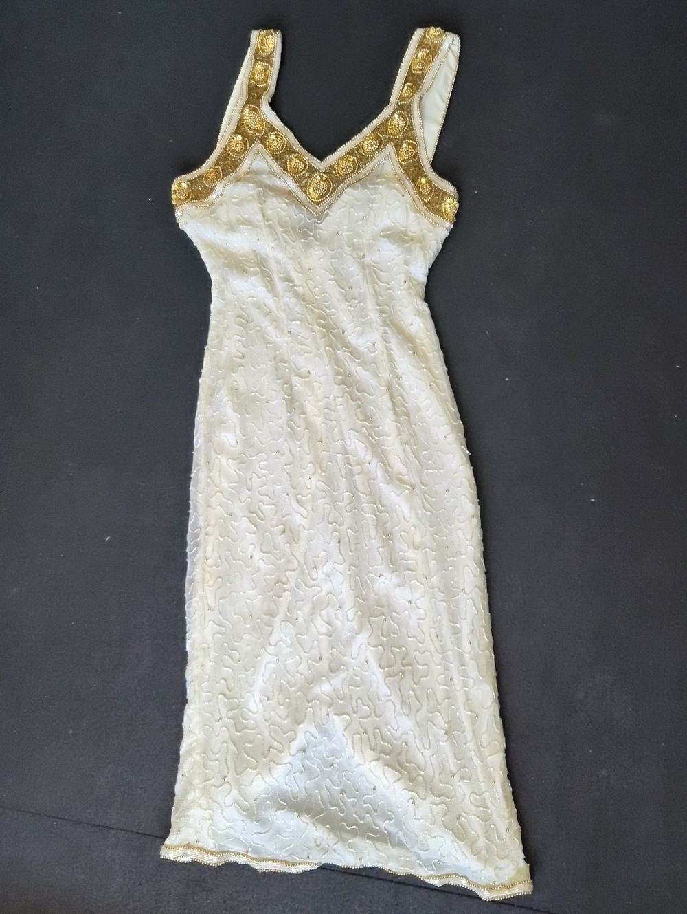 Y2k Silk Greek Goddess Ivory And Gold Beaded Evening Gown Wide Strap V-neck